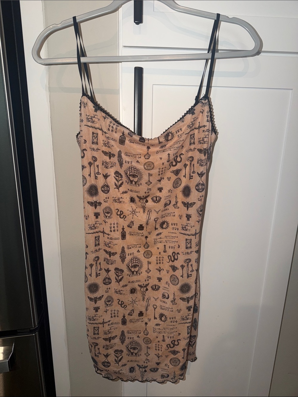 Princess Polly Printed Beige Slip Dress with Black Motif